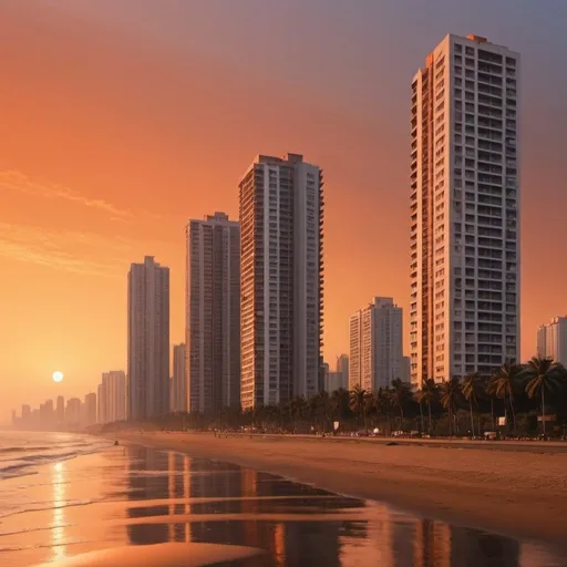 Prompt: Seashore, marine drive, mix of tall and short buildings, orange sky, sunset, long shot angle, contemporary art, aesthetic , realistic