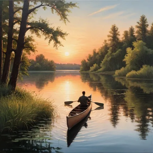 Prompt: Man on a canoe, isolated lake, sunset, trees and bushes on the sides, beautiful lake, serene, blissful , oil canvas, medium angle shot