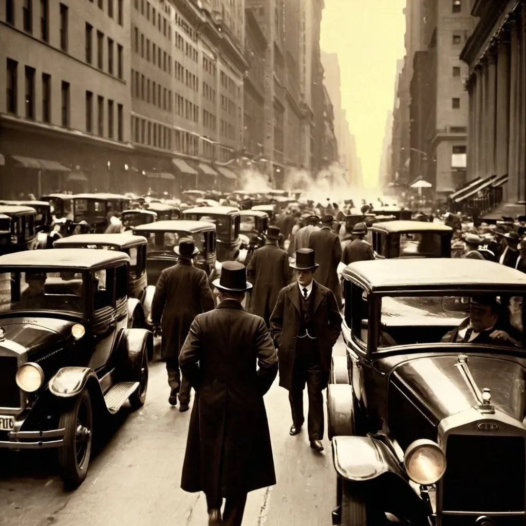 Prompt: busy Wall Street, 1910s, taxi, cars, people walking, evening, sunset, medium shot, coats and hats