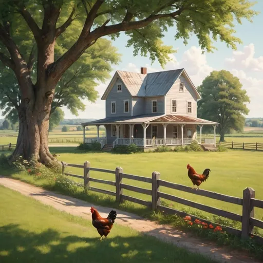 Prompt: Countryside, farmland, house, beautiful porch, fence, chicken coop, mid 50's man, summer afternoon, tree, realistic
