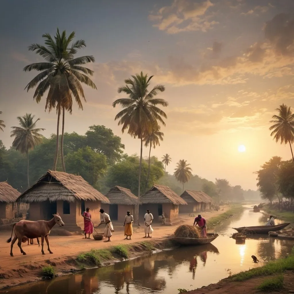 Prompt: Set in the 18th century, a South Indian village on the riverbank with bunch of people doing chores, their clothing should be authentic and accurate. with some domestic animals
