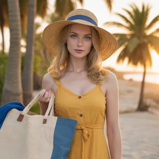 Prompt: tawny-blond woman, late 20's, slate-blue eyes, gentle nose, high cheekbones, natural lips, yellow summer dress, wearing straw hat, carrying a canvas shopping bag, beach , sunset, palm trees, medium shot, dusk