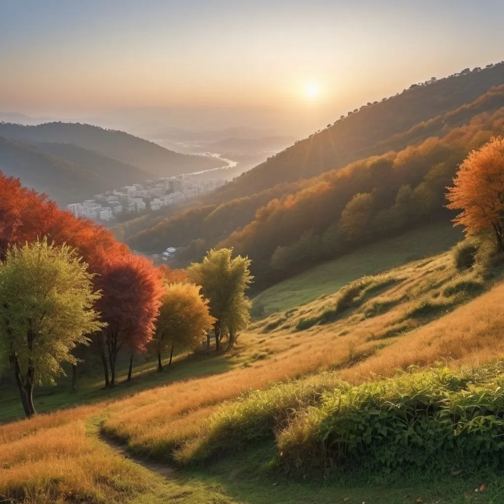 Prompt: Scenic hill station, autumn weather, sunrise, early morning, greenery, realistic, long angle shot, poetic
