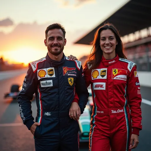 Prompt: Crea una imagen en la cual haya de fondo una pista de formula uno, haya unaaodoecente pelinegra con 2 pilotos uno Paul Aron y otro Carlos Sainz, que haya un auto y este un sunset atras 
