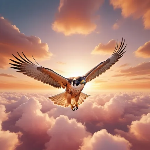 Prompt: A flying falcon withe shrp view, wearing sunglasses and fly toward the sunset sun among clouds