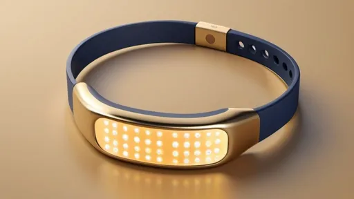 Prompt: A smart bracelet with LED lamp display on the screen , gold and navy blue color scheme, 3D rendering, isometric view, studio lighting, solid background color, minimalist style, simple details, rounded shape body band, soft edges and blurred outlines, smooth textures