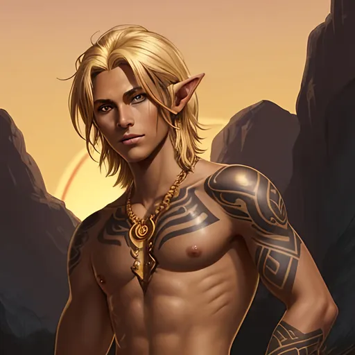 Prompt: dnd character illustration of a dark tanned half - elf with messy short blonde hair and golden eyes, handsome, youthful, feral, glowing, golden hour, wearing a loin cloth. Tribal tattoos.
