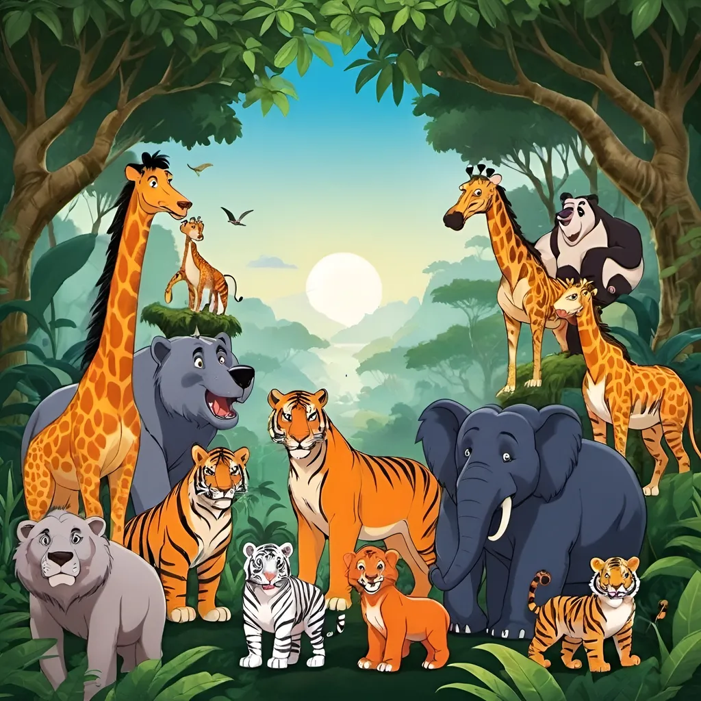 Prompt: Want a Jungle Book theme rectangular print for 2 year old boy contain happy animals 
