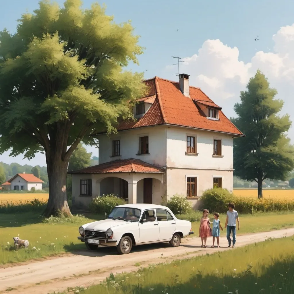 Prompt: A simple but beautiful house on the ground floor about 900 meters away, on the side a field and a tree and a white car and two happy children and a couple of adults talking happily.