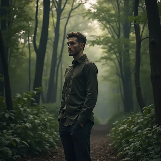 Prompt:  A handsome man stands towards the right in the dense forest.