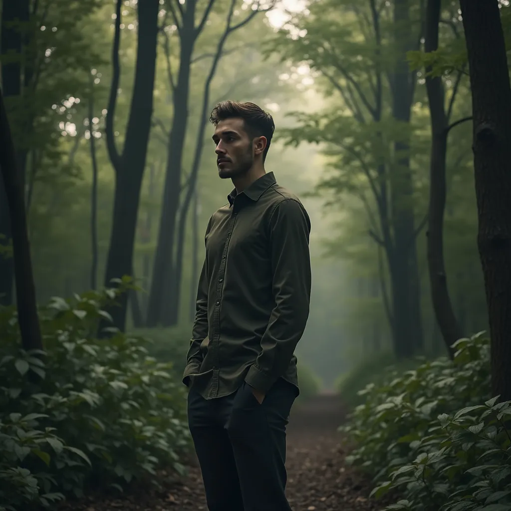 Prompt:  A handsome man stands towards the right in the dense forest.