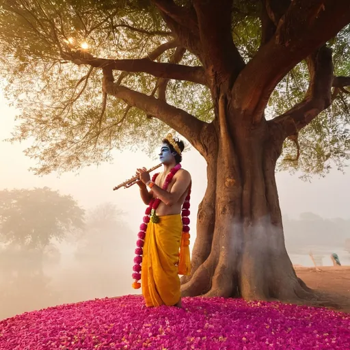 Prompt: "A divine and serene scene of Lord Krishna (Shyam Baba) standing under a blooming kadamba tree, playing a flute. His peacock feather crown glows in the golden light of the setting sun. Devotees are seen in the background with folded hands, immersed in devotion. The atmosphere is filled with soft light, sacred aura, and floating flower petals. Traditional Indian temple architecture is faintly visible in the misty background. Style: spiritual art, vibrant colors, divine lighting, high detail