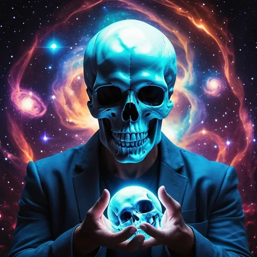 Prompt: Create an image of a god with a skull for a face that has a finger on his check. The skull color is white and is glowing a lot. The background is a galaxy which is also glowing. On the other hand of the being is holding a ball that looks like the universe. All together, make this look fantastic
