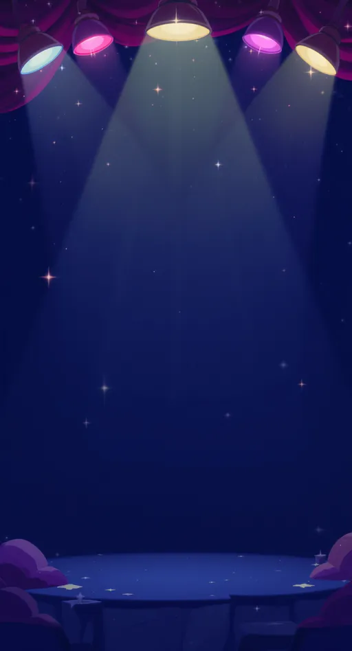 Prompt: Cartoon Style, 2D mobile game main menu background. Game show vibes. Spotlights and sparkles. Dark blue. Clean and No elements other than the background. Simple and minimalistic.