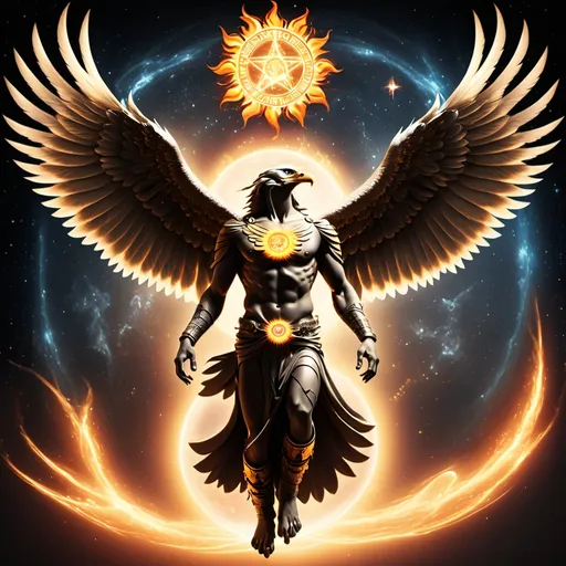 Prompt: Rise above-straight conjured from sun celestial creator be one boy quantic coenfidence of' double-headed 'eagle flow time under spacetime fire sol the universe supernatural style
