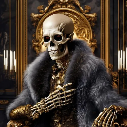 Prompt: Skeleton man in luxurious fur coat surrounded by money and gold, high quality, detailed 3D rendering, opulent style, golden hues, dramatic lighting, detailed bones, extravagant wealth, extravagant, opulence, gold, money, luxury, 3D rendering, detailed, dramatic lighting, fur coat, skeleton, lavish, high quality