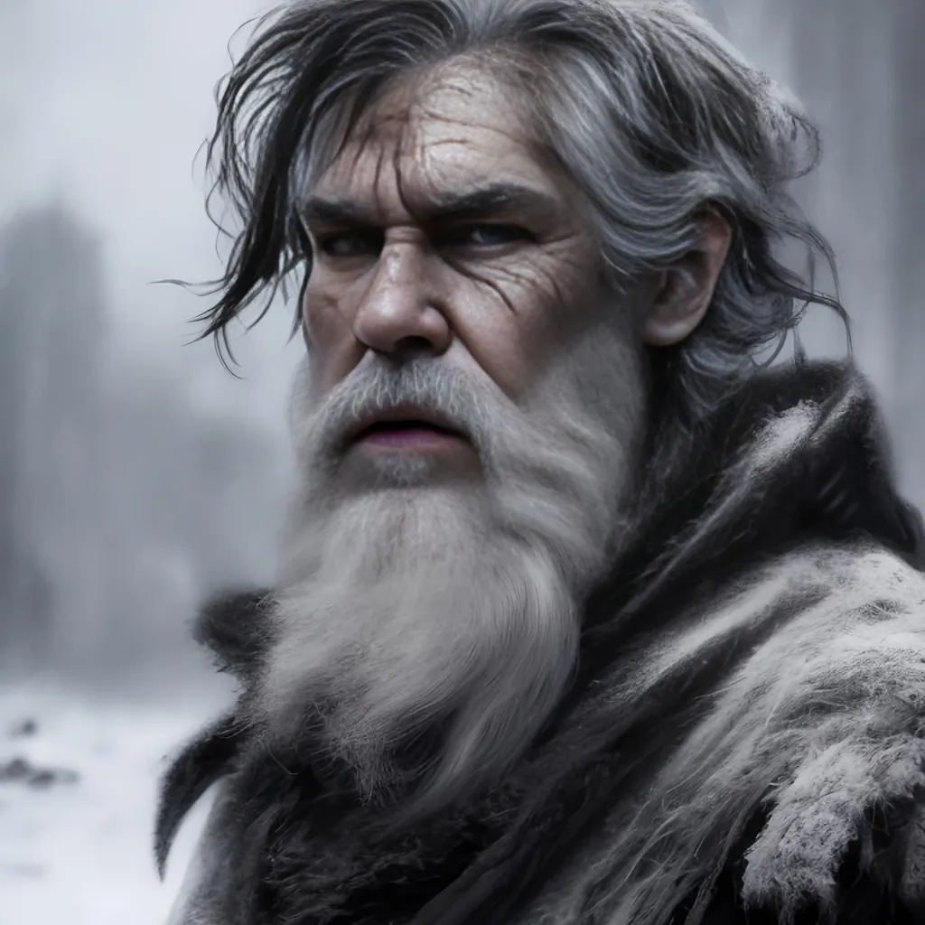Prompt: Concept art. Digital art. Buff human in black fur cloak in snow. Grey beard and messy black hair. Dirty and muddy. Portrait. Silver crown
