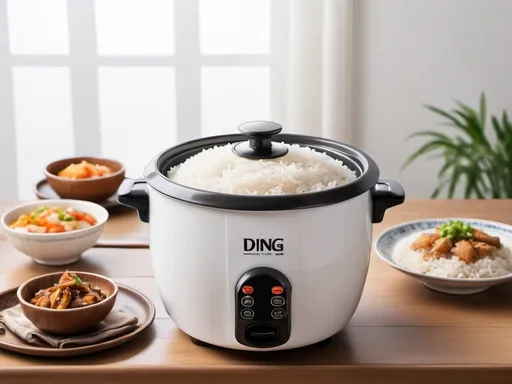 Prompt: a rice cooker with a bowl of food on the side of it and a plate of food on the table, Ding Yunpeng, photorealism, product photo, a stock photo