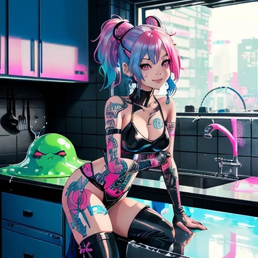 Prompt: <mymodel>A kitchen full of toxic slimes oozing everywhere in  artstyle.  Asian cyberpunk girl with tattoos and blue and pink vivid hair, wearing bandage leather and a smile.  Small breaststroke and a slim waist, petite bottom 