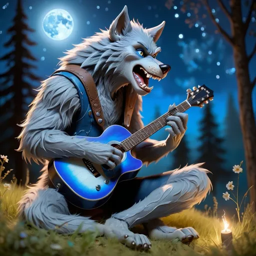 Prompt: werewolf in love playing guitar