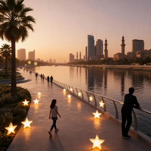 Prompt: people walking on the river corniche then girl walking along the new riverside walkway. Lights shaped like glowing stars guide the path.
You stop, lean on the railing, and look across to the skyline — the Tigris calm below.cinematic realism, 4K, aerial drone perspective, smooth motion, shallow depth of field, warm sunset palette, reflective and emotional tone.

