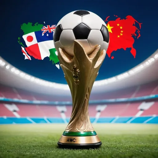 Prompt: A soccer world cup with Asia countrys on the background with a text on the front saying AWC