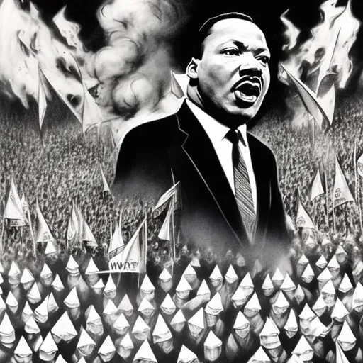 Prompt: Martin Luther King standing outside the twin towers surrounded by Klu Klux Klan members who are white. There's a grand wizard behind Martin Luther King. Everyone behind Martin Luther has pointy Klu Klux Klan hats on. All the white people have on hoods and are looking at Martin Luther King. There are confederate flags in the background.