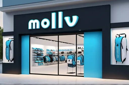 Prompt: Realistic and technologic front of a store that sells backpacks with the name of "Molvu" with sky blue and white colors