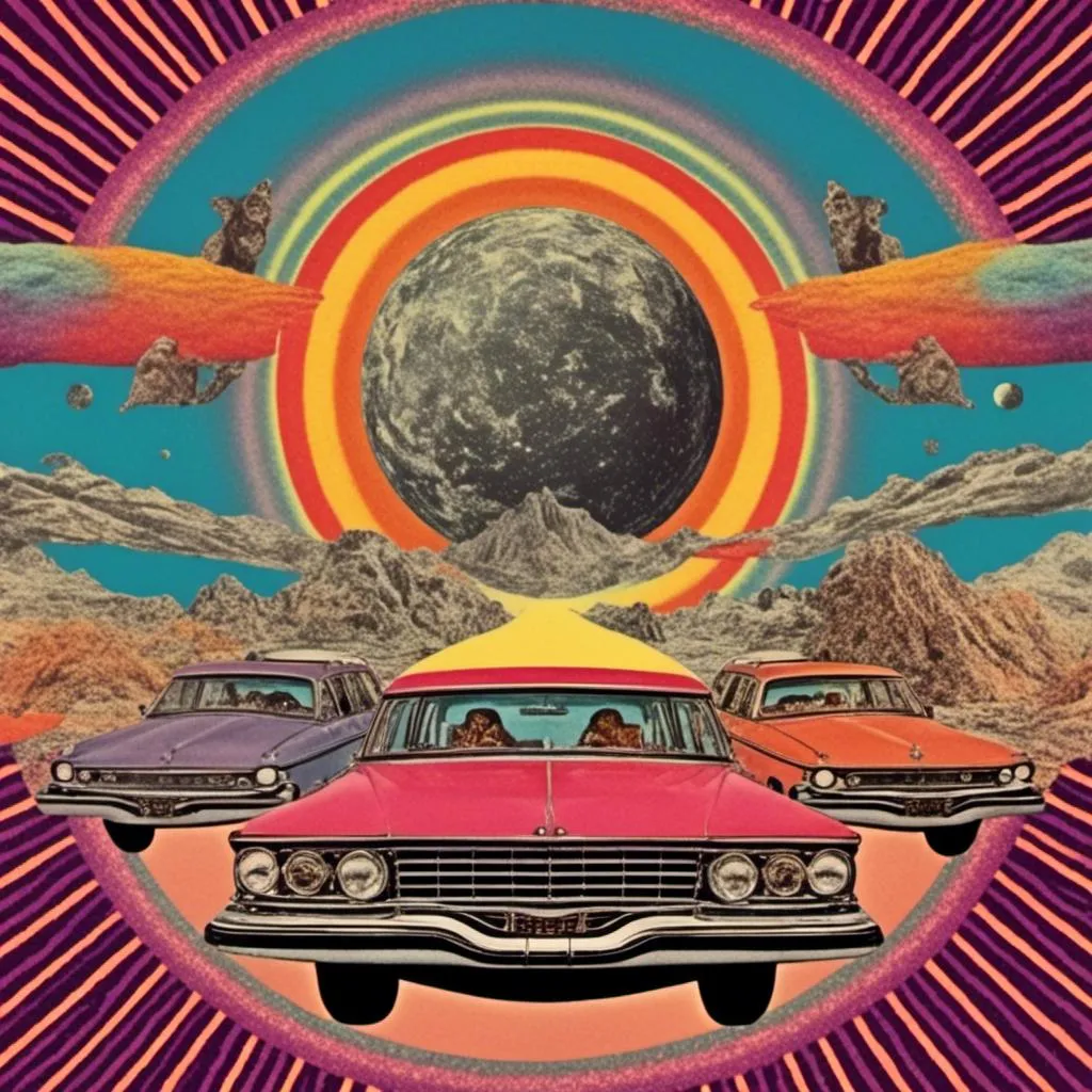 Prompt: <mymodel> Vintage 70s psychedelic surreal sci-fi. Collage with a logo for a music band named Super Bus