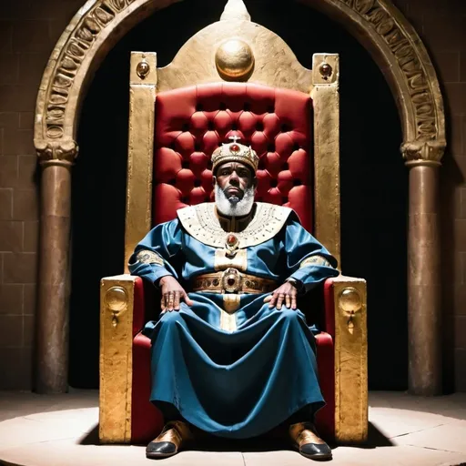 Prompt: Kind Soloman sitting at his throne expressing his wisdom