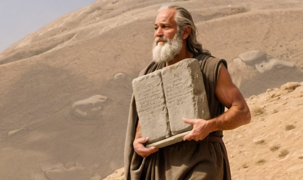 Prompt: Moses carrying the 2  stone tablets which hold the 10 commandments