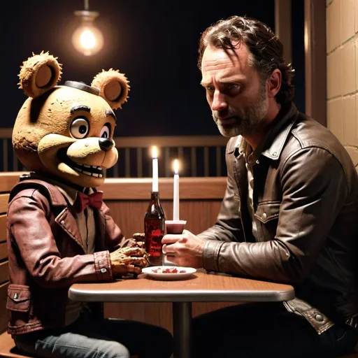 Prompt: rick grimes on a date with freddy fazbear