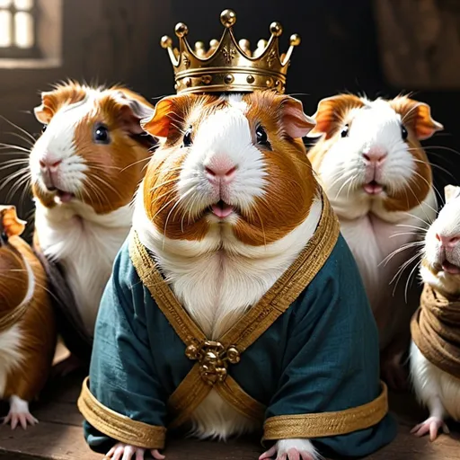 Prompt: a guinea pig king with humans as slaves in realism