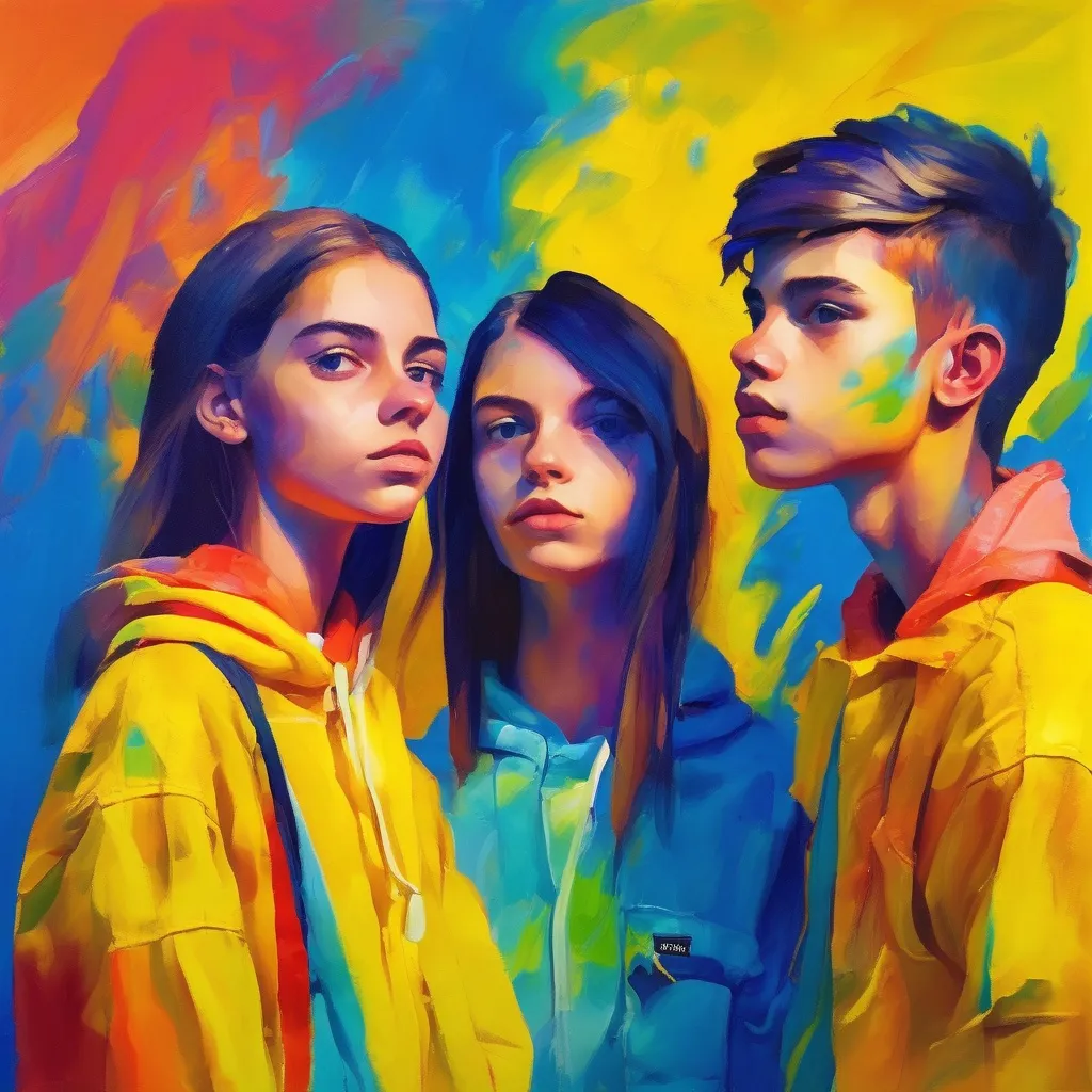 Prompt: Portrait 5 teenagers, fauvism, bright colors expressive brushstrokes, backdrop soft yellow blue gradient