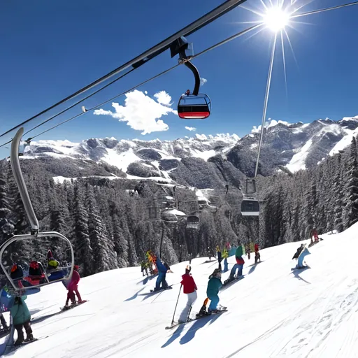 Prompt: snowy mountain ski lift lots of people