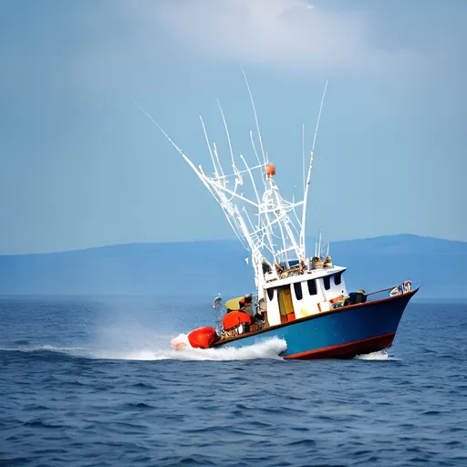 Prompt: fishing boat on sea whales 