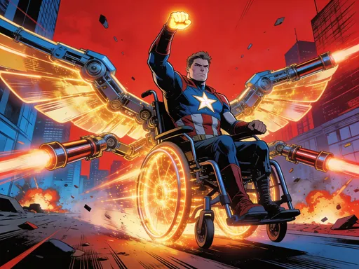 Prompt: A quarter plegic man in a power wheelchair,, turns into a superhero with his power chair to fight evil