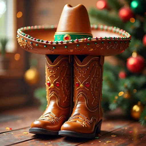 Prompt: Boots sombrero happy holidays eating pooled
