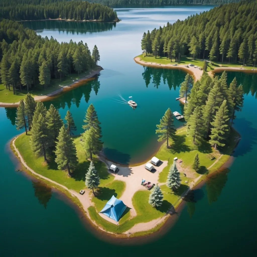 Prompt: 

**Spring:**
"A spring scene with blooming flowers, green pine trees, and three campsites on an island surrounded by a lake. There's a dock on the lake with a boat moored to it, and two to three people on the island. The picture is like an ultra-wide drone shot."

