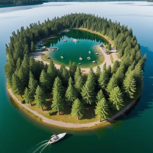 Prompt: "A summer scene with green fall, pine trees covered in green, and three campsites on an island surrounded by a lake. There's a dock on the lake with a ship moored to it, and three to two people on the island. The picture is like an ultra-wide drone shot."