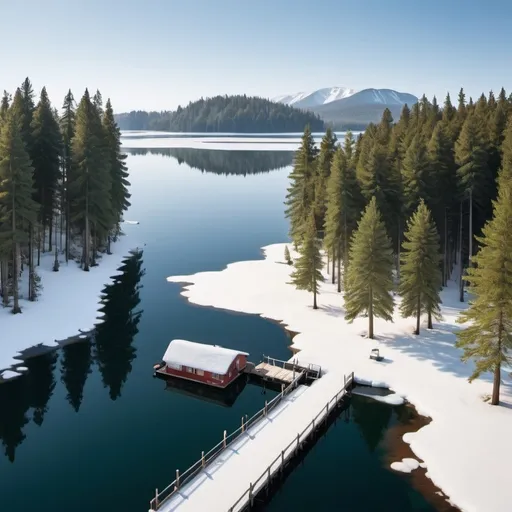 Prompt: 
"A winter scene with snowfall, pine trees covered in snow, and three campsites on an island surrounded by a lake. There's a dock on the lake with a ship moored to it, and two to three people on the island. The picture is like an ultra-wide drone shot."

And here is a description of the island:

**Island Description:**
"The island is a small, secluded piece of land in the middle of a peaceful lake. It is covered with a thick blanket of snow, creating a serene winter atmosphere. Tall pine trees stand scattered across the island, their branches heavy with snow. The island has three campsites set up among the trees, adding a sense of warmth and coziness to the cold environment. A wooden dock extends into the lake, where a ship is moored, slightly frozen in place. The overall scene is tranquil and isolated, with only two to three people present, making it a perfect winter retreat."
