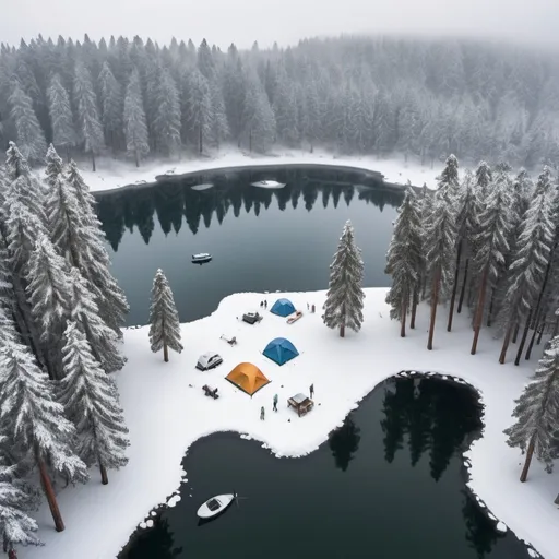 Prompt: "A winter scene with snowfall, pine trees covered in snow, and three campsites on an island surrounded by a lake. There's a dock on the lake with a ship moored to it, and three to two people on the island. The picture is like an ultra-wide drone shot."