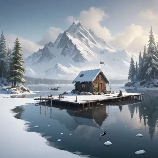 Prompt: "A winter island with a fishing hut and dock without ships, located at the center of a lake. Snow is falling from the sky, and there are some animals, trees, and people on the island."