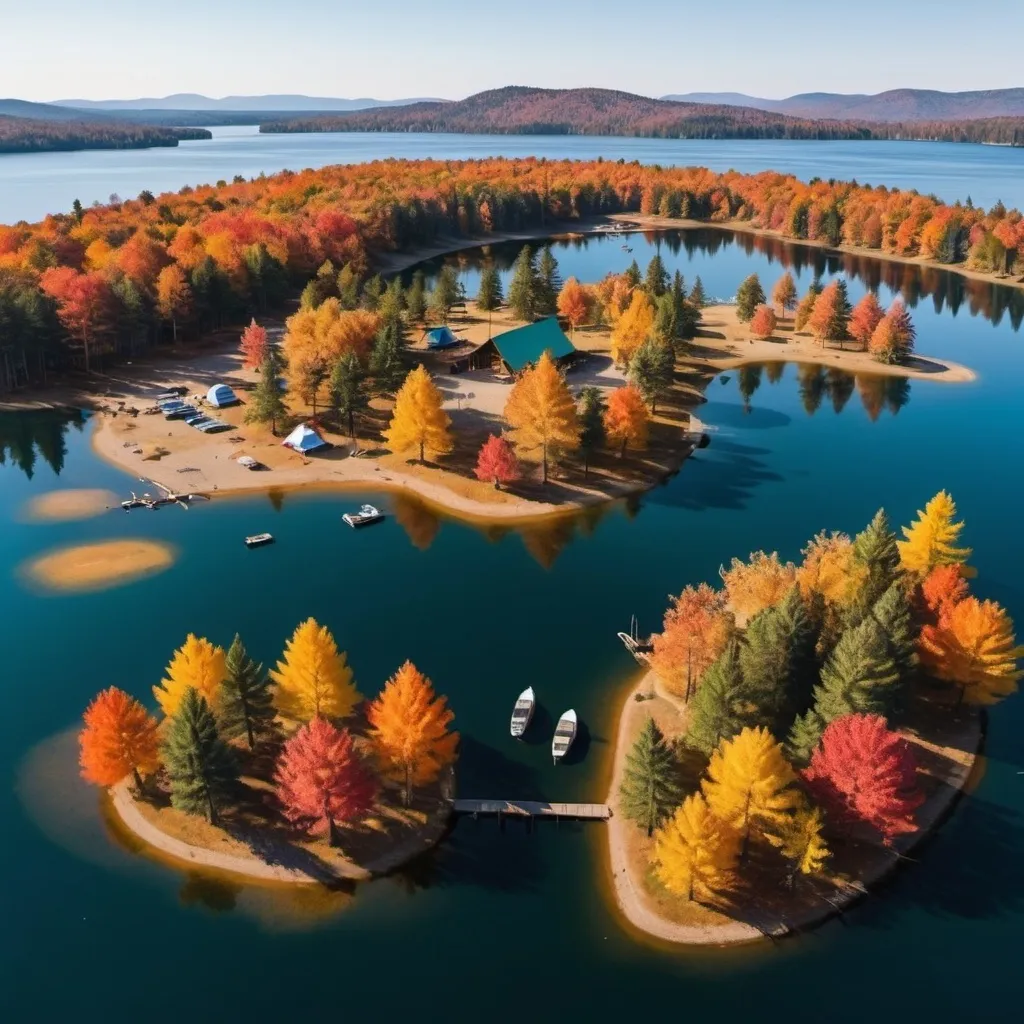 Prompt: 

**Autumn:**
"An autumn scene with colorful foliage, pine trees shedding leaves, and three campsites on an island surrounded by a lake. There's a dock on the lake with a boat moored to it, and two to three people on the island. The picture is like an ultra-wide drone shot."