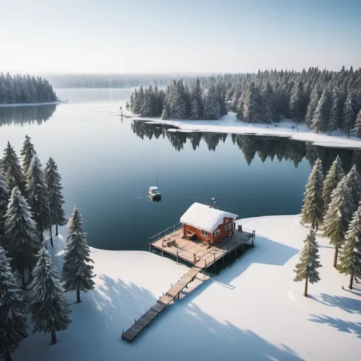 Prompt: 
"A winter scene with snowfall, pine trees covered in snow, and three campsites on an island surrounded by a lake. There's a dock on the lake with a ship moored to it, and two to three people on the island. The picture is like an ultra-wide drone shot."

And here is a description of the island:

**Island Description:**
"The island is a small, secluded piece of land in the middle of a peaceful lake. It is covered with a thick blanket of snow, creating a serene winter atmosphere. Tall pine trees stand scattered across the island, their branches heavy with snow. The island has three campsites set up among the trees, adding a sense of warmth and coziness to the cold environment. A wooden dock extends into the lake, where a ship is moored, slightly frozen in place. The overall scene is tranquil and isolated, with only two to three people present, making it a perfect winter retreat."
