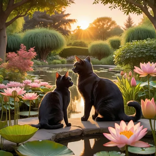 Prompt: 
A beautiful scene in a lush, green garden during the golden hour of sunset. The garden is filled with colorful flowers, and the sky is painted with warm hues of orange and pink. In the center of the scene, a sleek male cat with smooth black fur walks confidently beside a delicate female cat with elegant white fur. Their tails are slightly entwined, and the female cat looks up at the male cat with affection. Their fur glistens in the warm sunlight, and their eyes reflect the soft, golden light. The background includes tall trees with leaves gently rustling in the breeze, and a small pond with water lilies, creating a serene and romantic atmosphere.