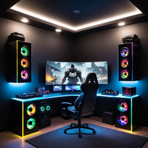 Prompt: 
Gaming Dream Room Description:**

- **Layout and Lighting:**
  - A spacious room with dark walls that give off a sleek, modern vibe. The walls are lit up with customizable RGB lighting, allowing the room to glow in any color of your choice.
  
- **Gaming Setup:**
  - **RGB Gaming PC:** The centerpiece of the room is a high-end RGB gaming PC, housed in a transparent case with all components glowing in vibrant colors. It sits on a sleek, L-shaped desk, which is accompanied by dual curved monitors to provide an immersive gaming experience.
  - **Console Area:** Beside the PC setup, there is a dedicated console area featuring the latest PlayStation and Xbox consoles. Above the console setup, a large 4K OLED TV is mounted on the wall, perfect for enjoying games in ultra-high definition. Below the TV, shelves neatly organize game discs and controllers, with wireless charging docks for convenience.
  
- **Seating and Comfort:**
  - A comfortable, ergonomic gaming chair, fully adjustable, covered in breathable material, sits at the desk. Behind the chair, a gaming-themed wall mural adds a personal touch, perhaps depicting favorite game characters or iconic gaming scenes.

- **Collectibles and Memorabilia:**
  - Shelves around the room display various collectibles, action figures, and limited-edition memorabilia. These items add character and make the room feel like a true gaming sanctuary.

- **Additional Features:**
  - A mini-fridge stocked with snacks and energy drinks is placed in the corner, ensuring that refreshments are always within arm’s reach. The floor is covered with a plush dark carpet that reduces noise and adds to the cozy atmosphere.
  - To complete the setup, the room has ambient ceiling lighting, soundproofing panels on the walls for better acoustics, and a high-quality surround sound system that makes every sound in the game feel real.