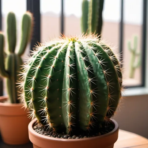 Prompt: A image of a cactus plant with a blurred background. The cactus is placed indoors, showcasing its spiky texture and vibrant green color. The background is softly blurred, drawing attention to the cactus while maintaining a warm, cozy indoor atmosphere. The subtle lighting highlights the details of the cactus, creating a serene and minimalist aesthetic.