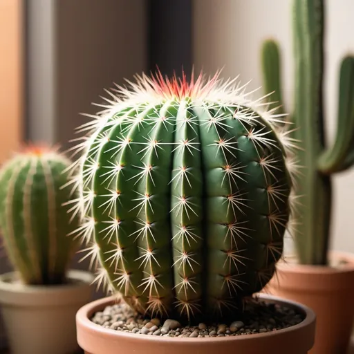 Prompt: A image of a cactus plant with a blurred background. The cactus is placed indoors, showcasing its spiky texture and vibrant green color. The background is softly blurred, drawing attention to the cactus while maintaining a warm, cozy indoor atmosphere. The subtle lighting highlights the details of the cactus, creating a serene and minimalist aesthetic.