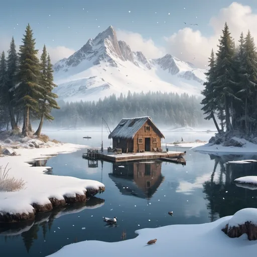 Prompt: "A winter island with a fishing hut and dock without ships, located at the center of a lake. Snow is falling from the sky, and there are some animals, trees, and people on the island."